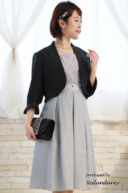 シルバーのウエスト刺繍入りシャンタンドレスコーディネートセット