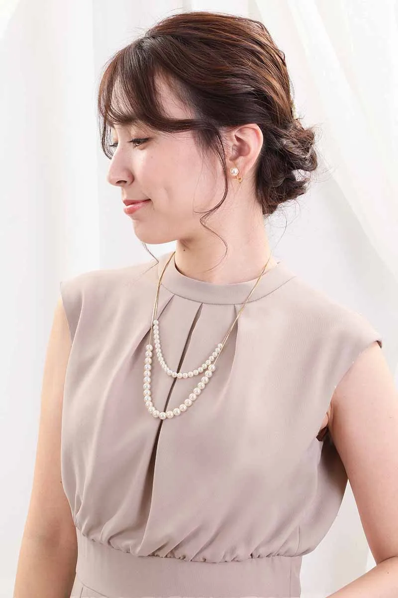 ピンクベージュの切替えレースドレスコーディネートセット