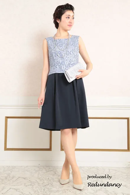 ネイビー×ブルーのツーピース風フラワーレースドレス