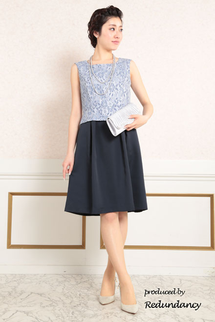 ネイビー×ブルーのツーピース風フラワーレースドレス