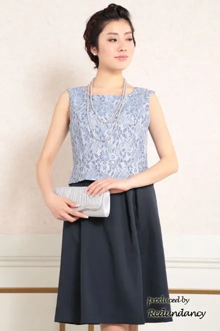 ネイビー×ブルーのツーピース風フラワーレースドレス