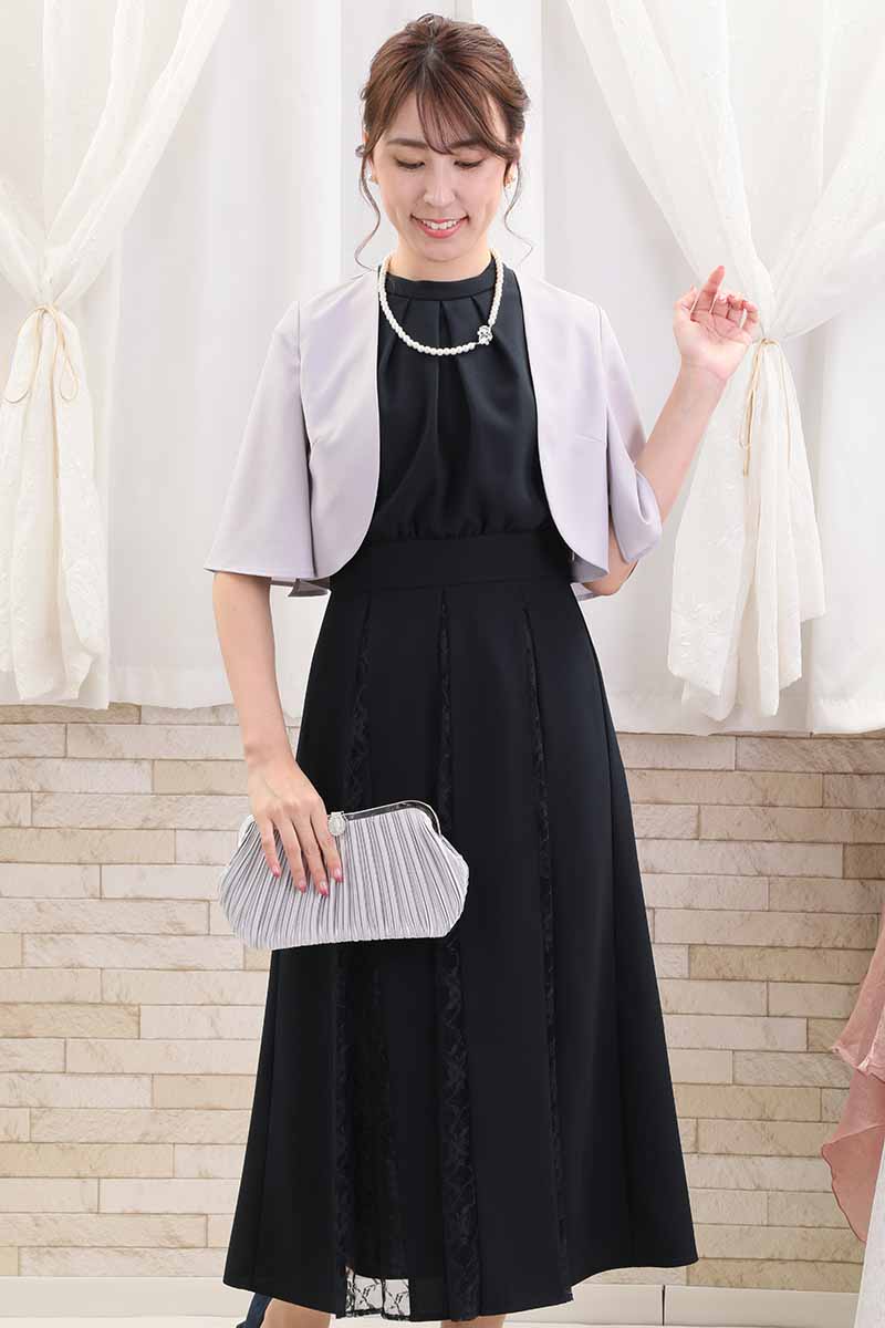 ネイビーの切替えレースドレスコーディネートセット