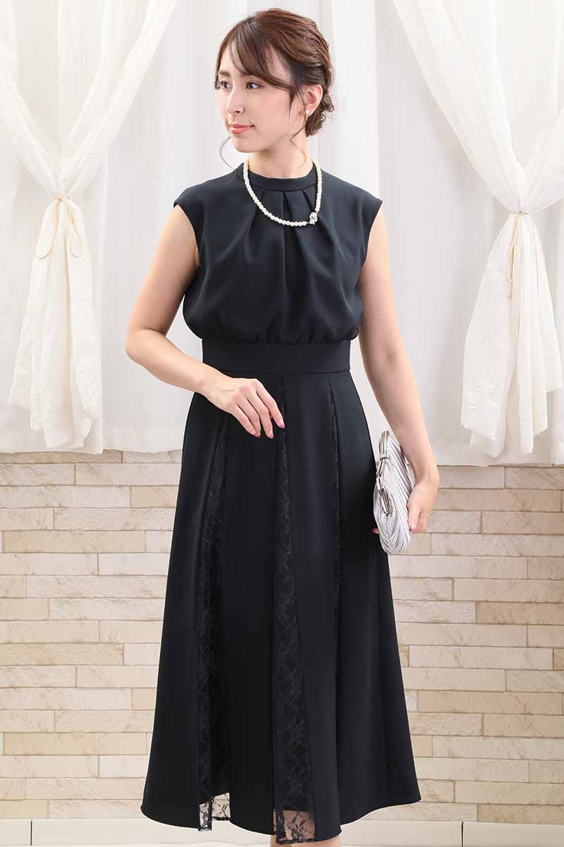 ネイビーの切替えレースドレスコーディネートセット