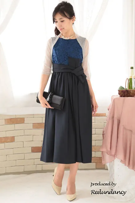 ネイビーの変形リボンロングドレスコーディネートセット