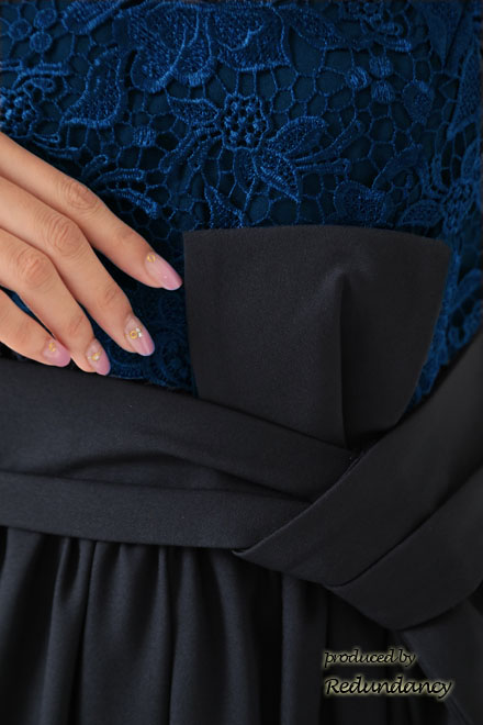 ネイビーの変形リボンロングドレスコーディネートセット