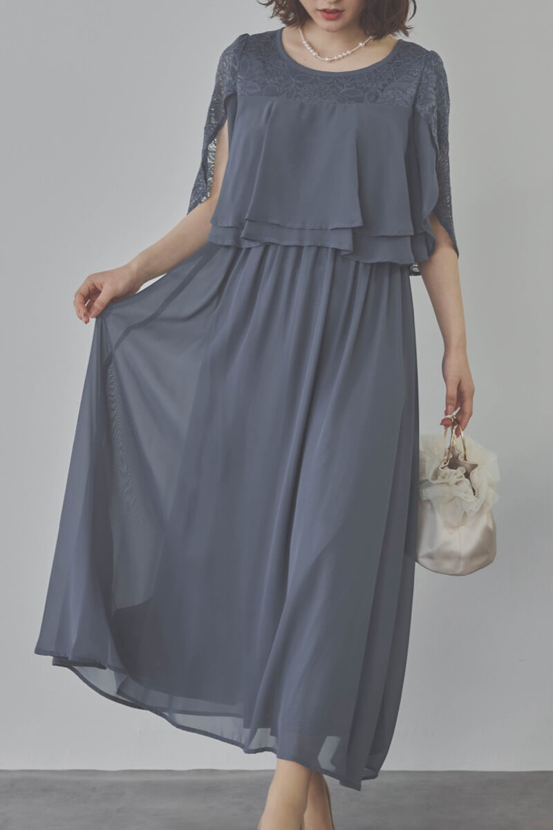 グレイッシュブルーの授乳口付スリットスリーブドレス