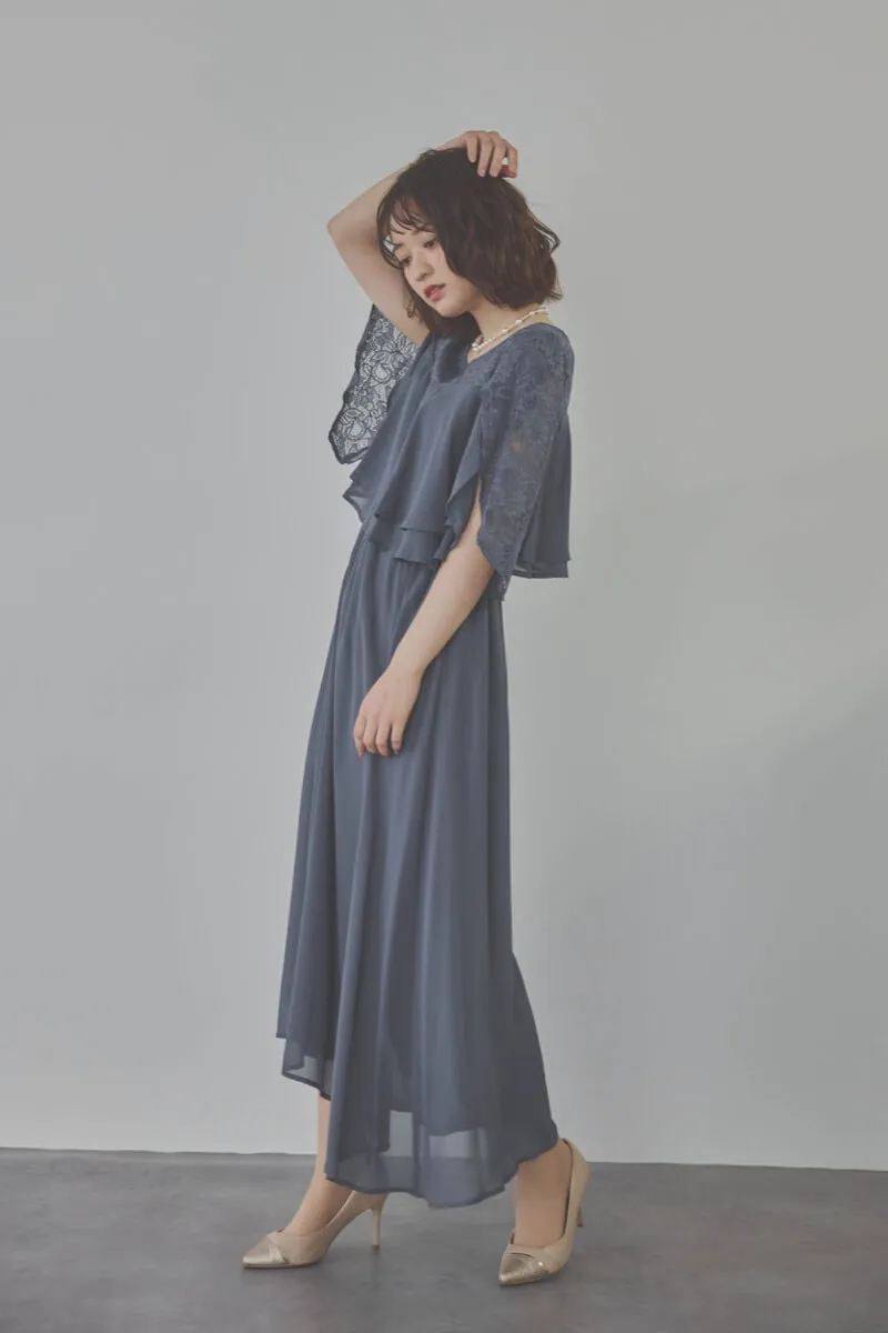 グレイッシュブルーの授乳口付スリットスリーブドレス