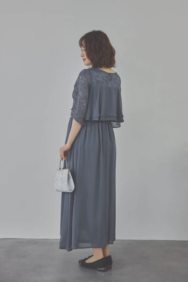 グレイッシュブルーの授乳口付スリットスリーブドレス