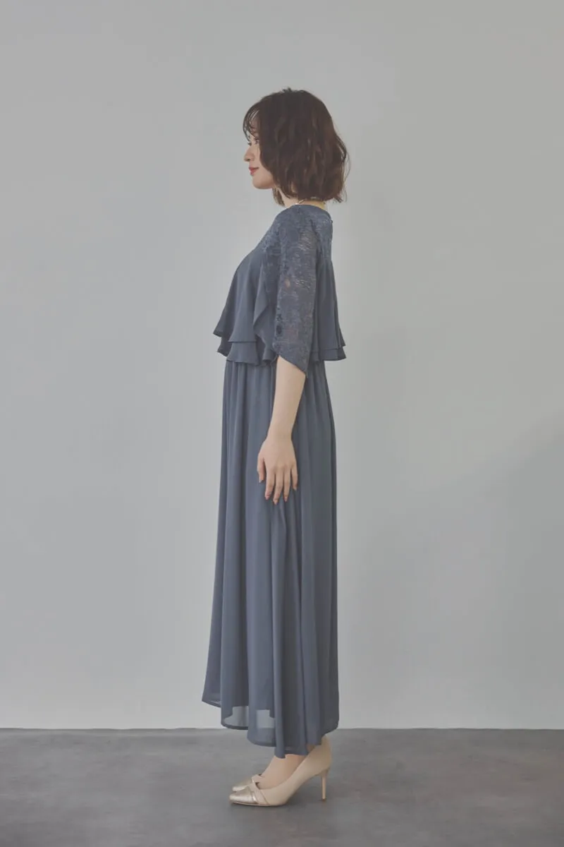グレイッシュブルーの授乳口付スリットスリーブドレス