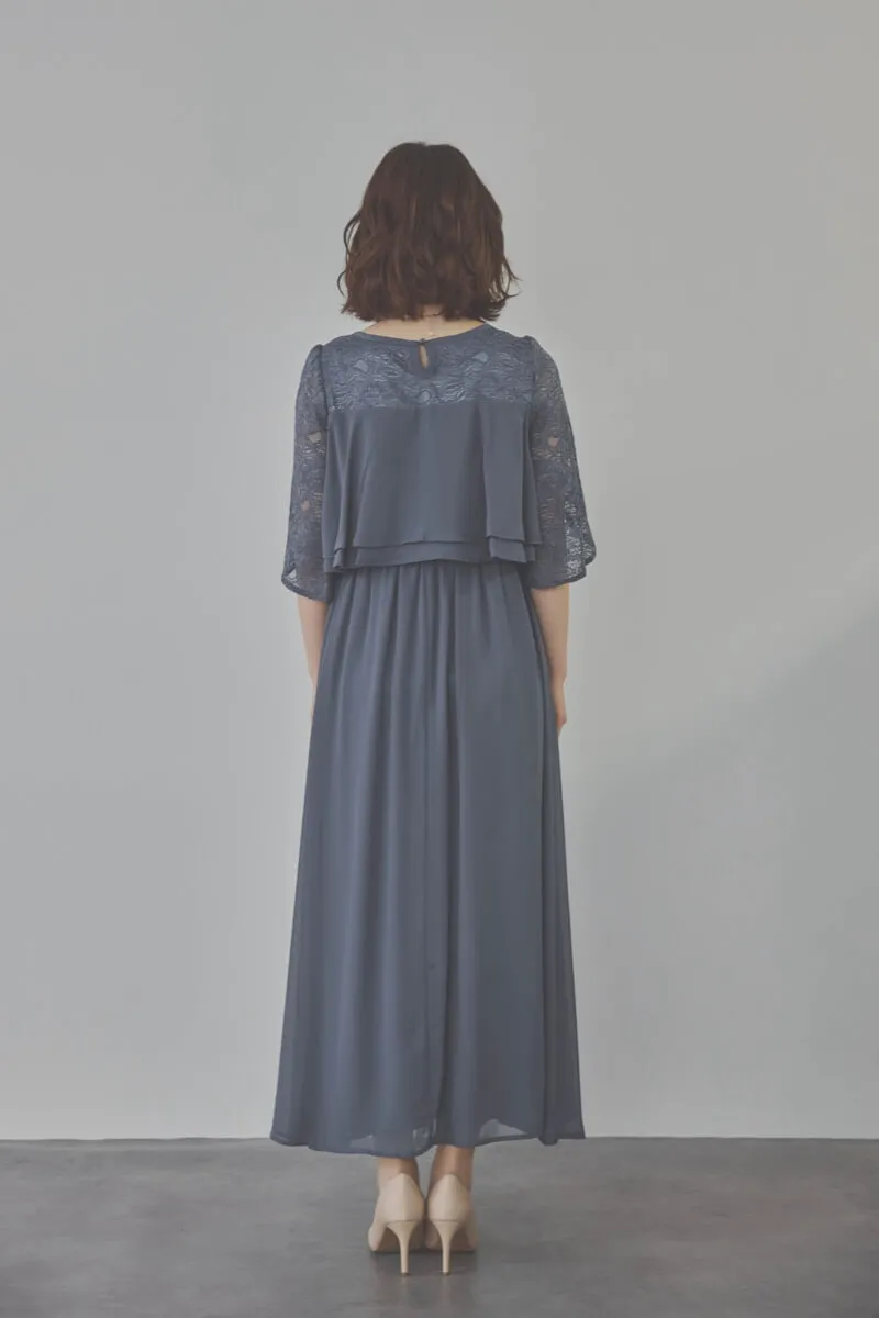 グレイッシュブルーの授乳口付スリットスリーブドレス