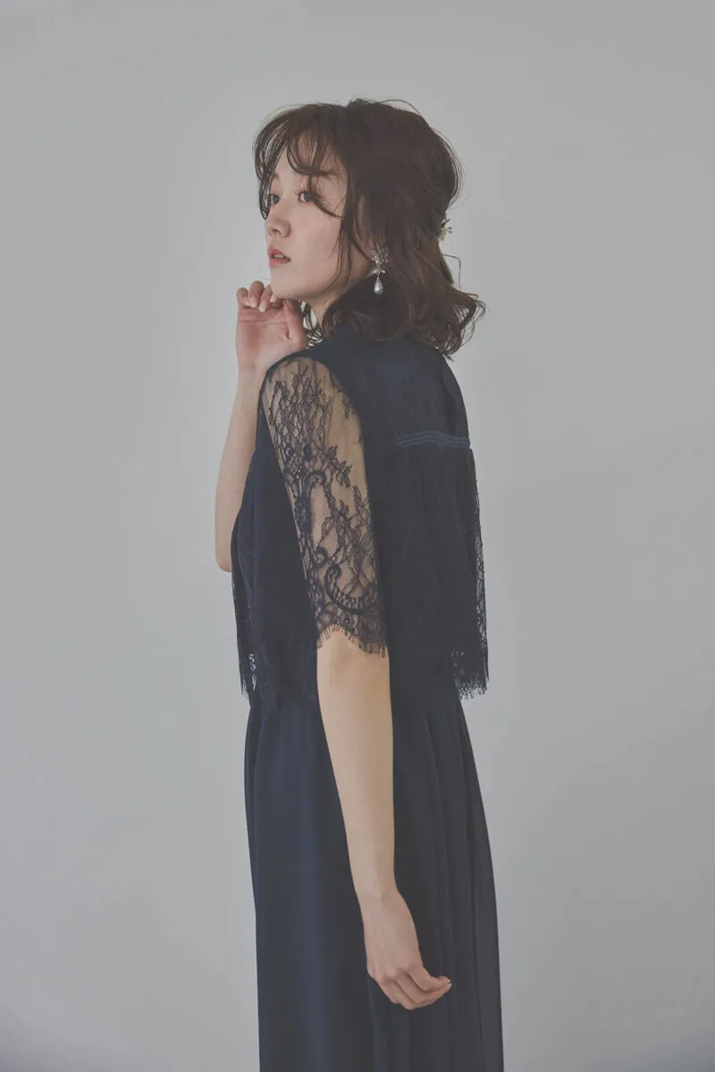 ネイビーの授乳口付ハイネックレースドレス