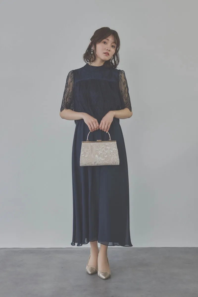 ネイビーの授乳口付ハイネックレースドレス