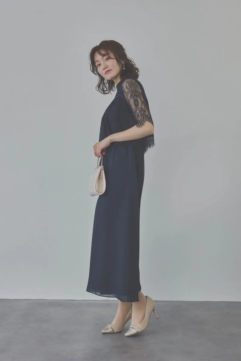 ネイビーの授乳口付ハイネックレースドレス
