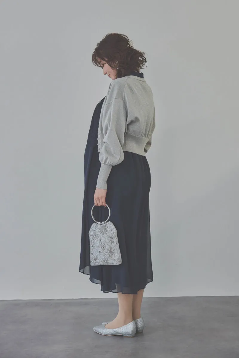 ネイビーの授乳口付ハイネックレースドレス