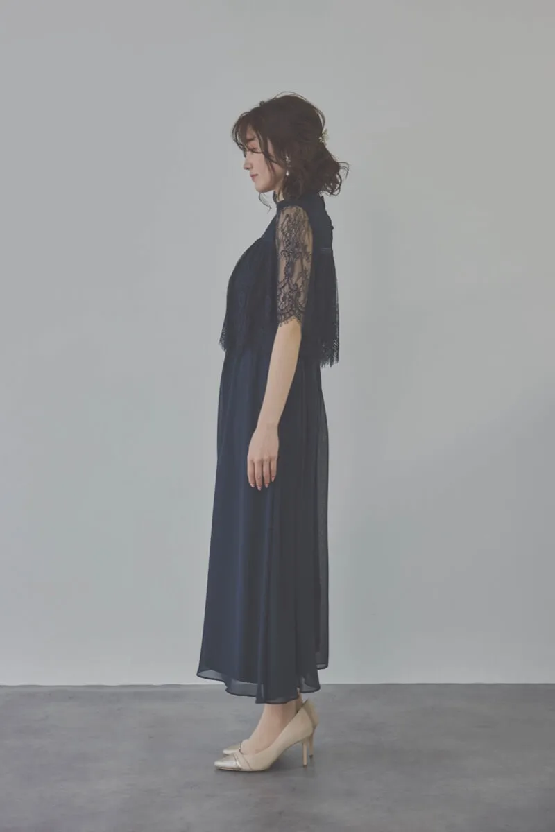 ネイビーの授乳口付ハイネックレースドレス