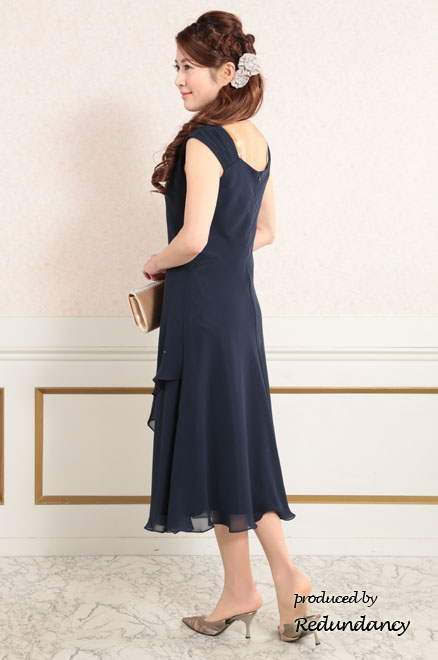 ネイビーのラメシフォンロングドレス