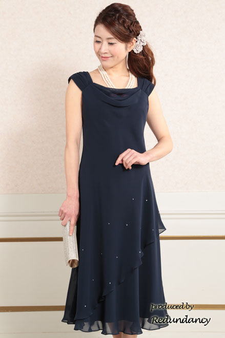 ネイビーのラメシフォンロングドレス