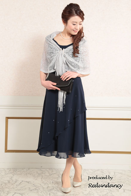 ネイビーのラメシフォンロングドレス