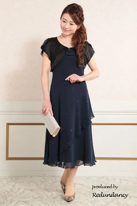 ネイビーのラメシフォンロングドレス