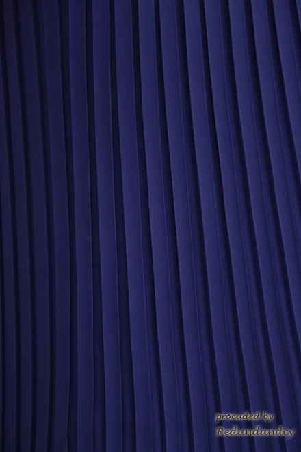 パープルの細プリーツ膝丈ドレス