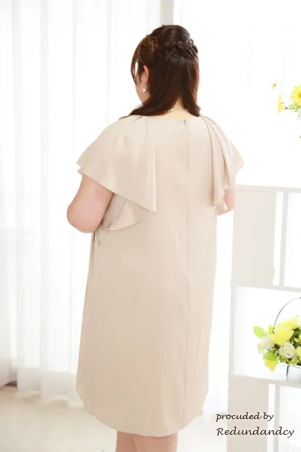 ベージュの胸元リボンフリルスリーブドレス