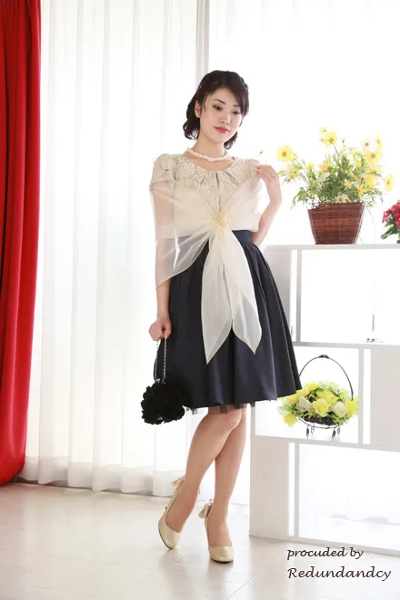 ベージュ×ネイビーのウエスト切替プリンセスラインドレス