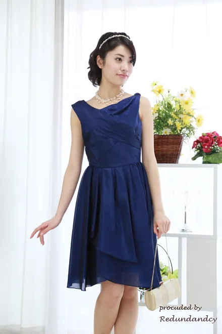 ブルーのドレープネック膝丈Aラインドレス