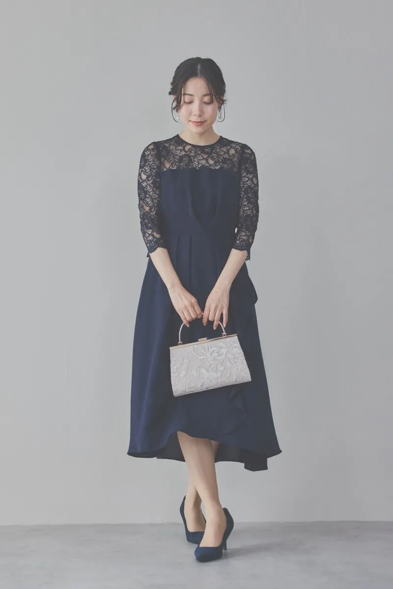 ネイビーのデコルテ切り替えラップドレス [ 店頭販売価格 37,400円 ]