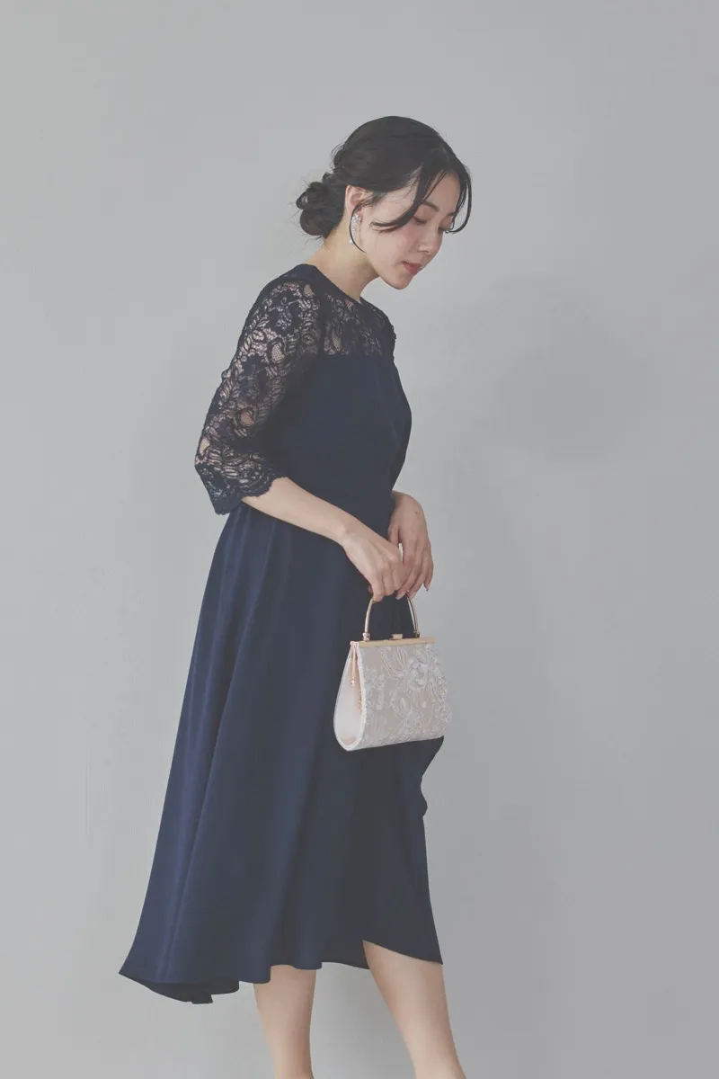 ネイビーのデコルテ切り替えラップドレス [ 店頭販売価格 37,400円 ]