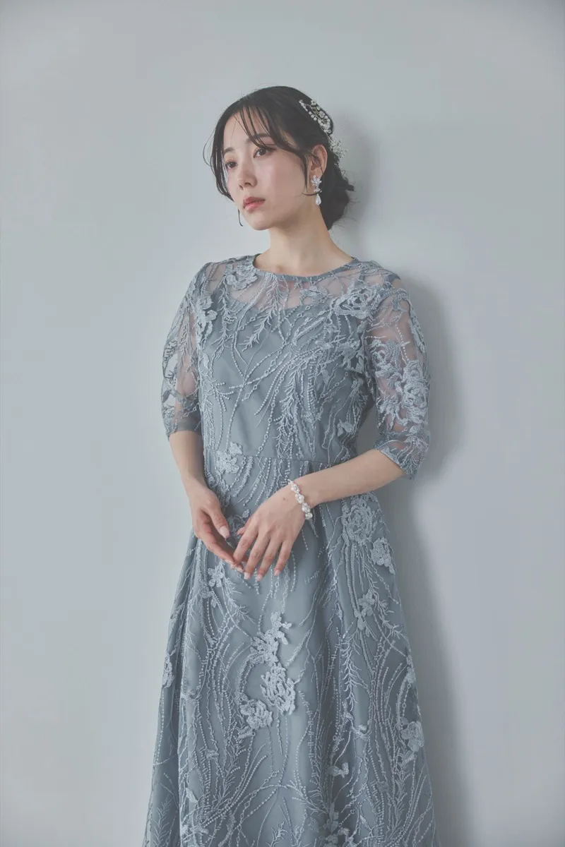 ブルーグレーのエンブロイダリーチュールドレス　M/Select Shop