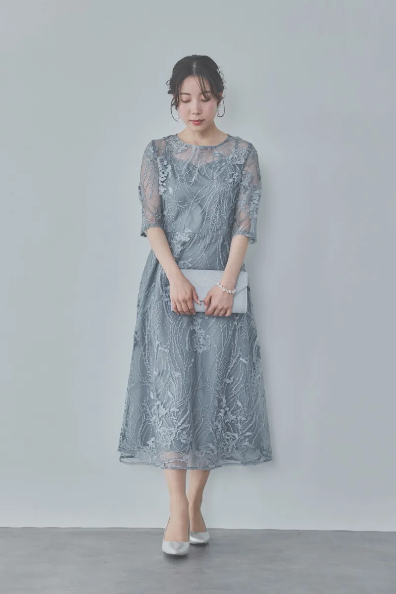 ブルーグレーのエンブロイダリーチュールドレス /Select Shop