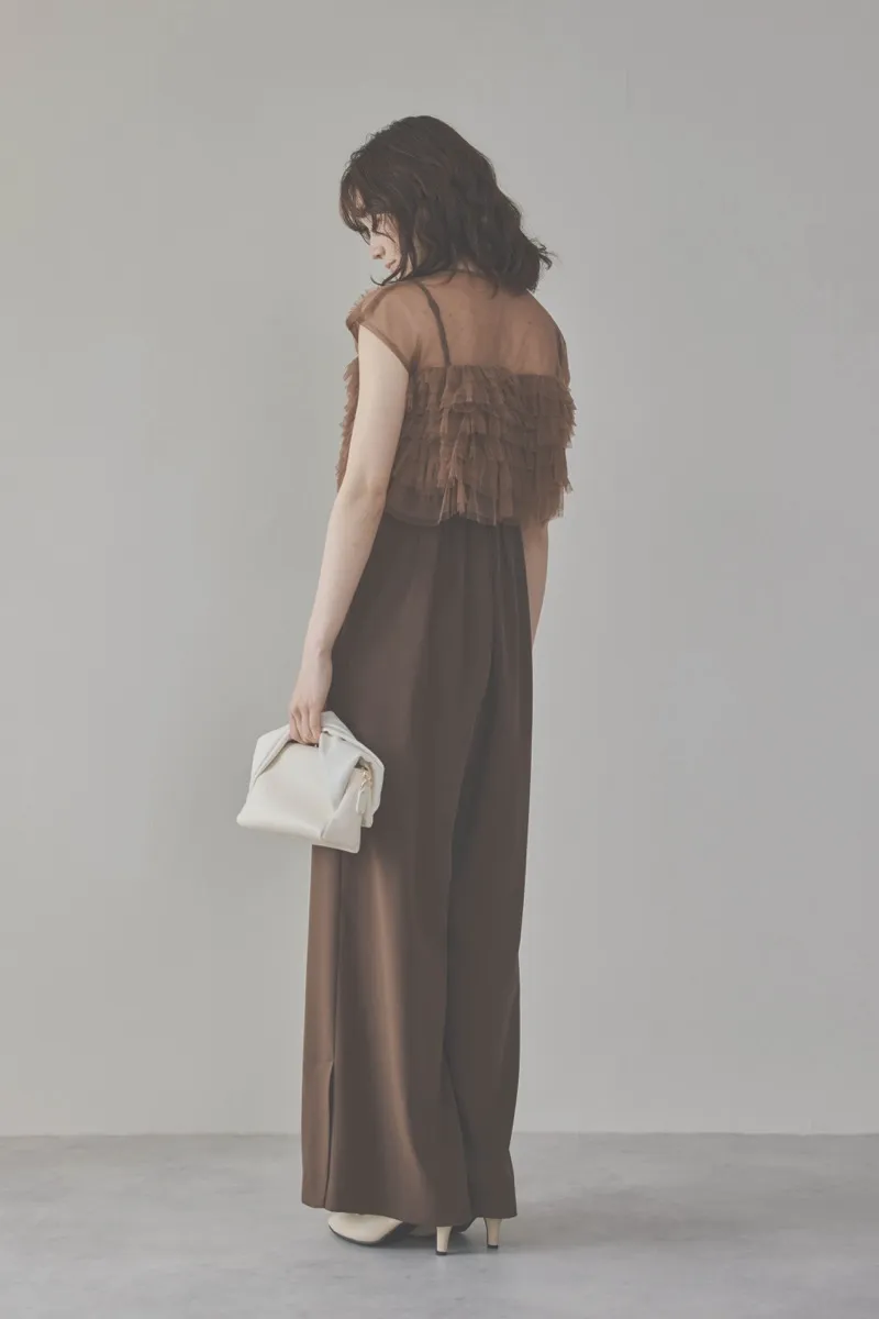 ブラウンのチュールフリルオールインワンドレス