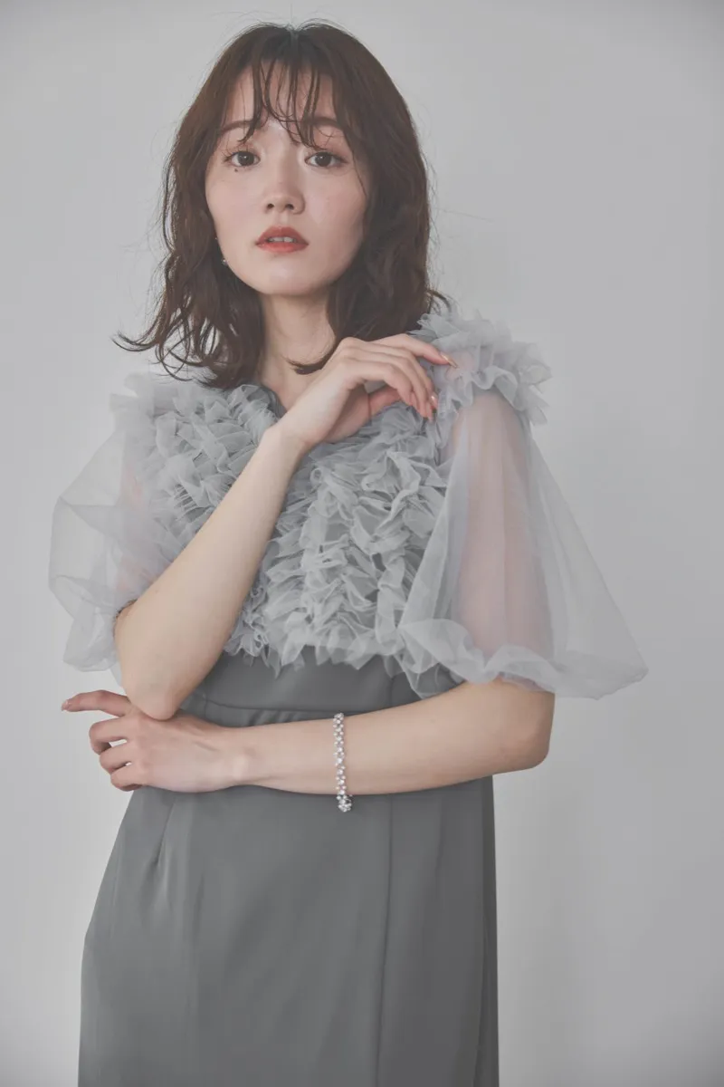 ブルーのチュールフリルアシンメトリードレス