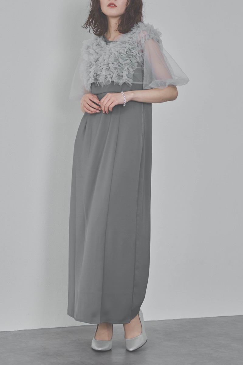 ブルーのチュールフリルアシンメトリードレス