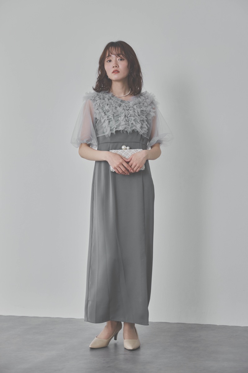 ブルーのチュールフリルアシンメトリードレス