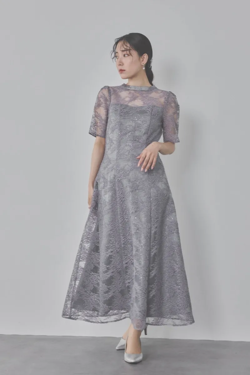 グレーのシャイニーエンブロイダリードレス