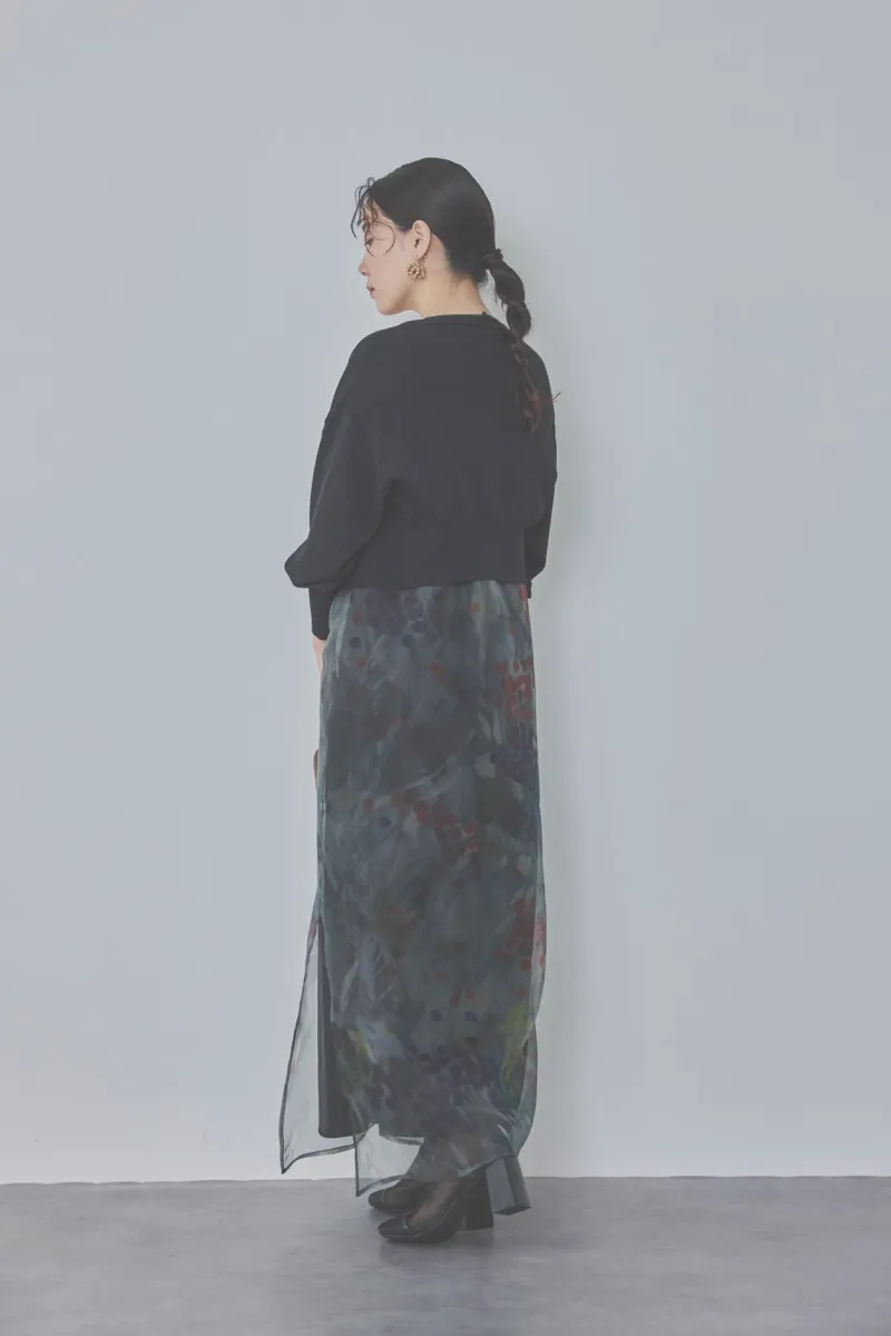 ブラックのスタンプアートレイヤードドレス