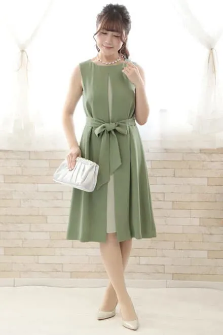 グリーンの前開き風レイヤードドレスコーディネートセット