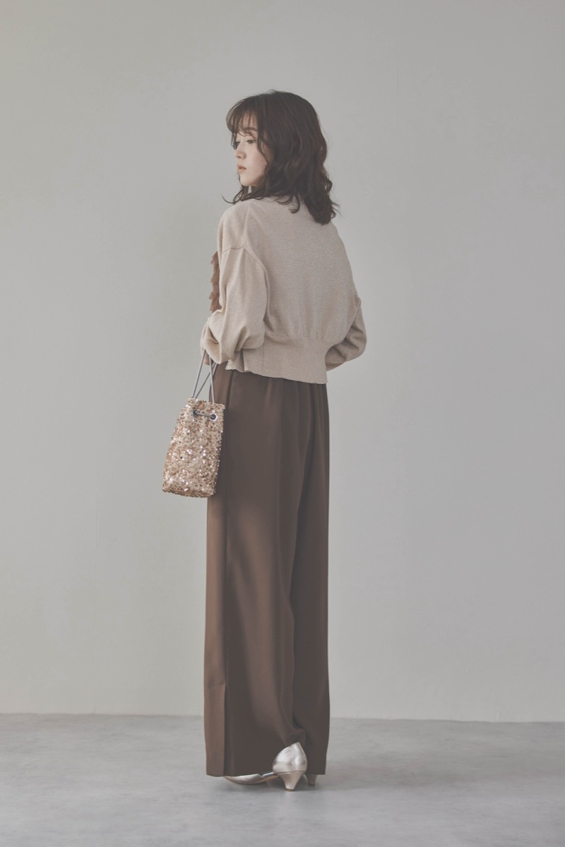 ブラウンのチュールフリルオールインワンドレス