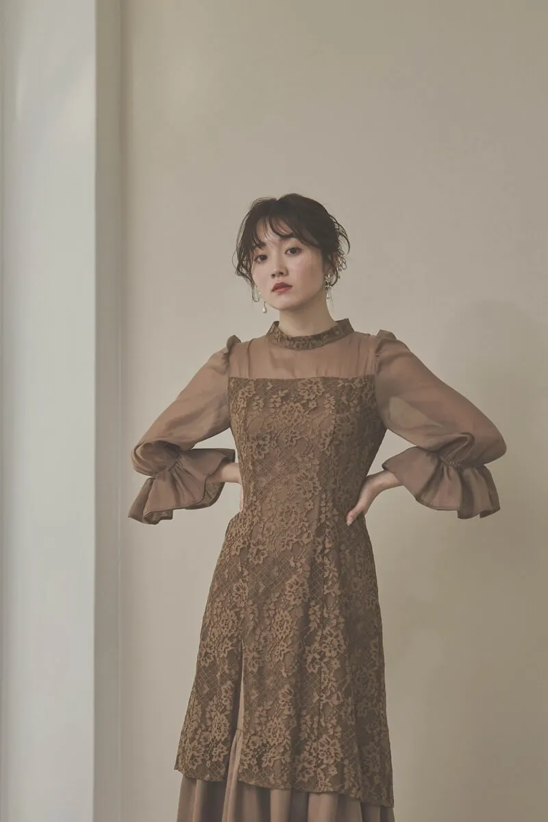 モカのシャーリングスリーブ花柄レースドレス