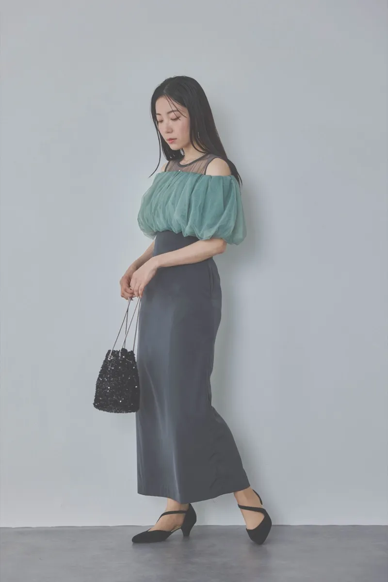 チャコールグレーのオフショルボレロIラインドレス