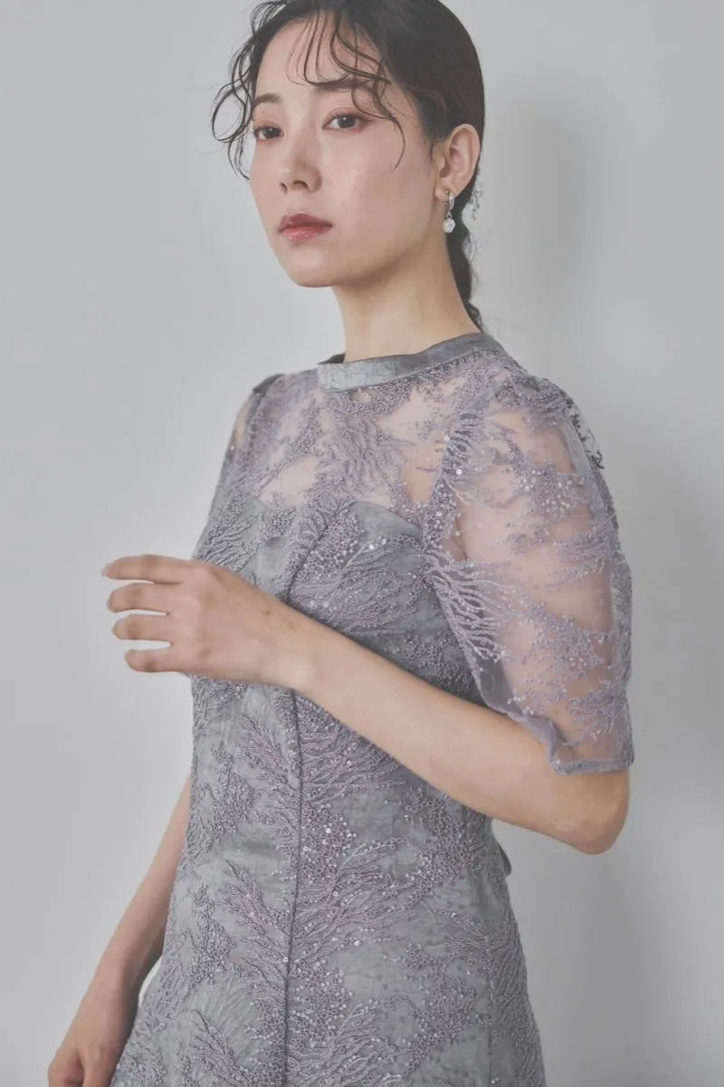 グレーのシャイニーエンブロイダリードレス