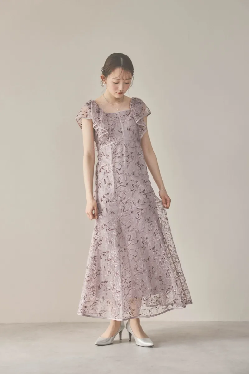 パープルのチュール刺繍マーメイドドレス