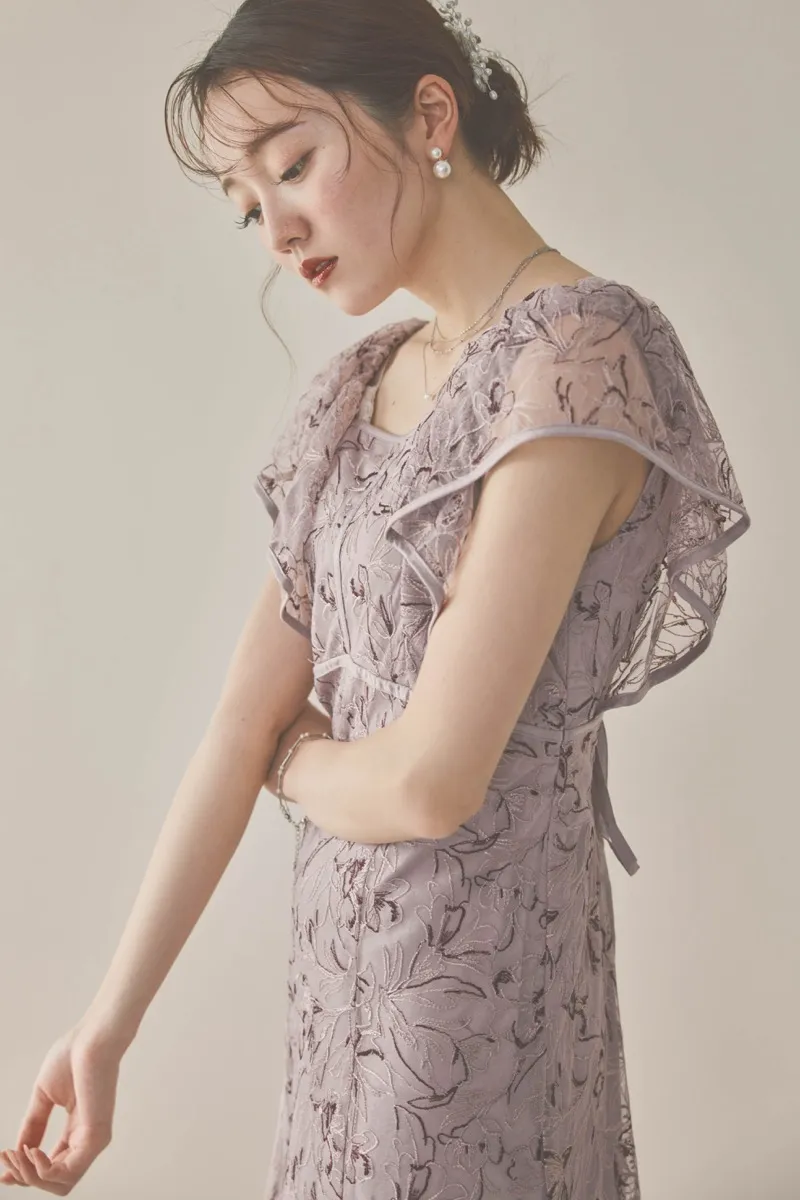 パープルのチュール刺繍マーメイドドレス