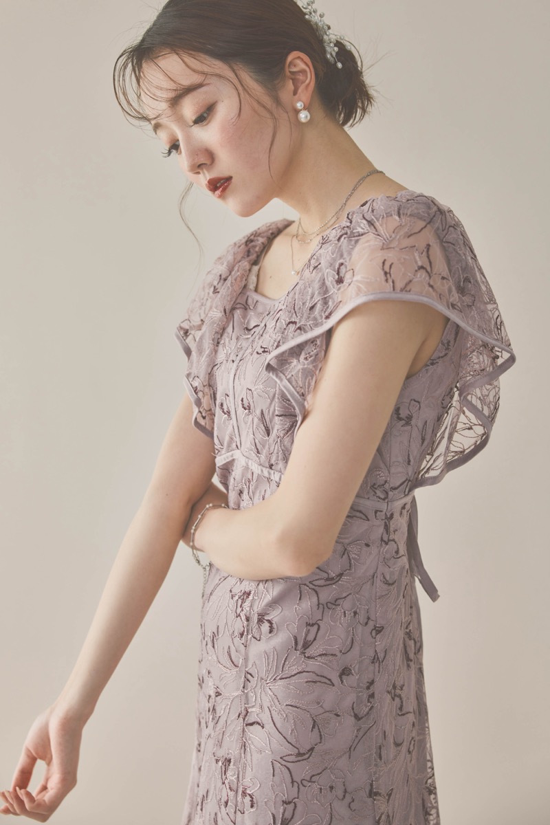 パープルのチュール刺繍マーメイドドレス