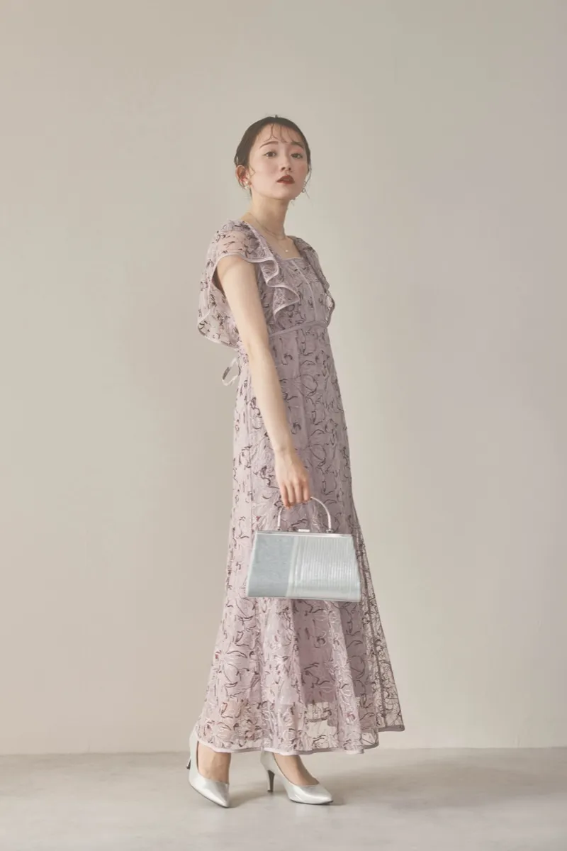 パープルのチュール刺繍マーメイドドレス