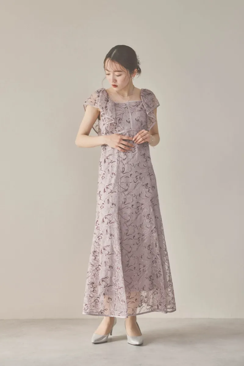 パープルのチュール刺繍マーメイドドレス