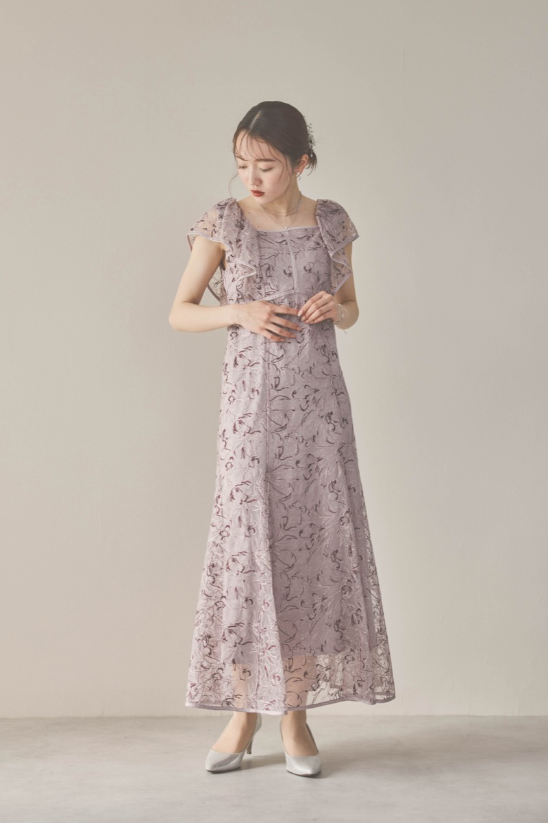 パープルのチュール刺繍マーメイドドレス