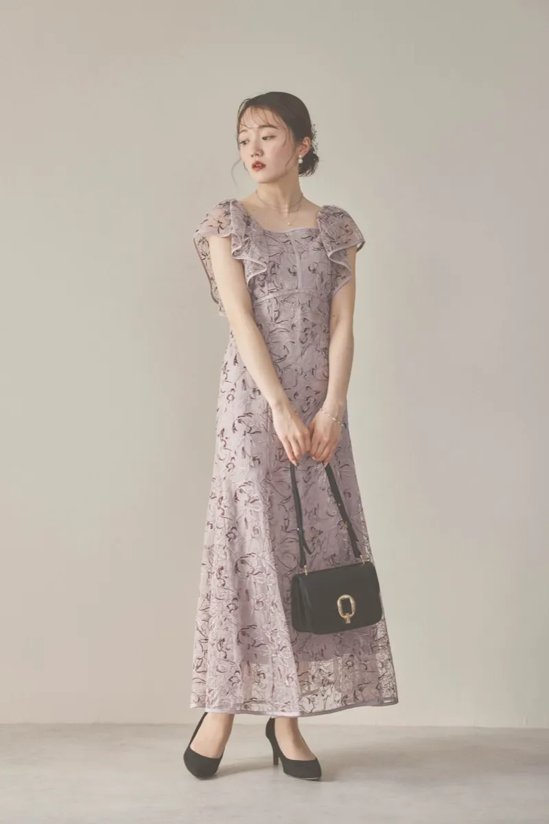 パープルのチュール刺繍マーメイドドレス