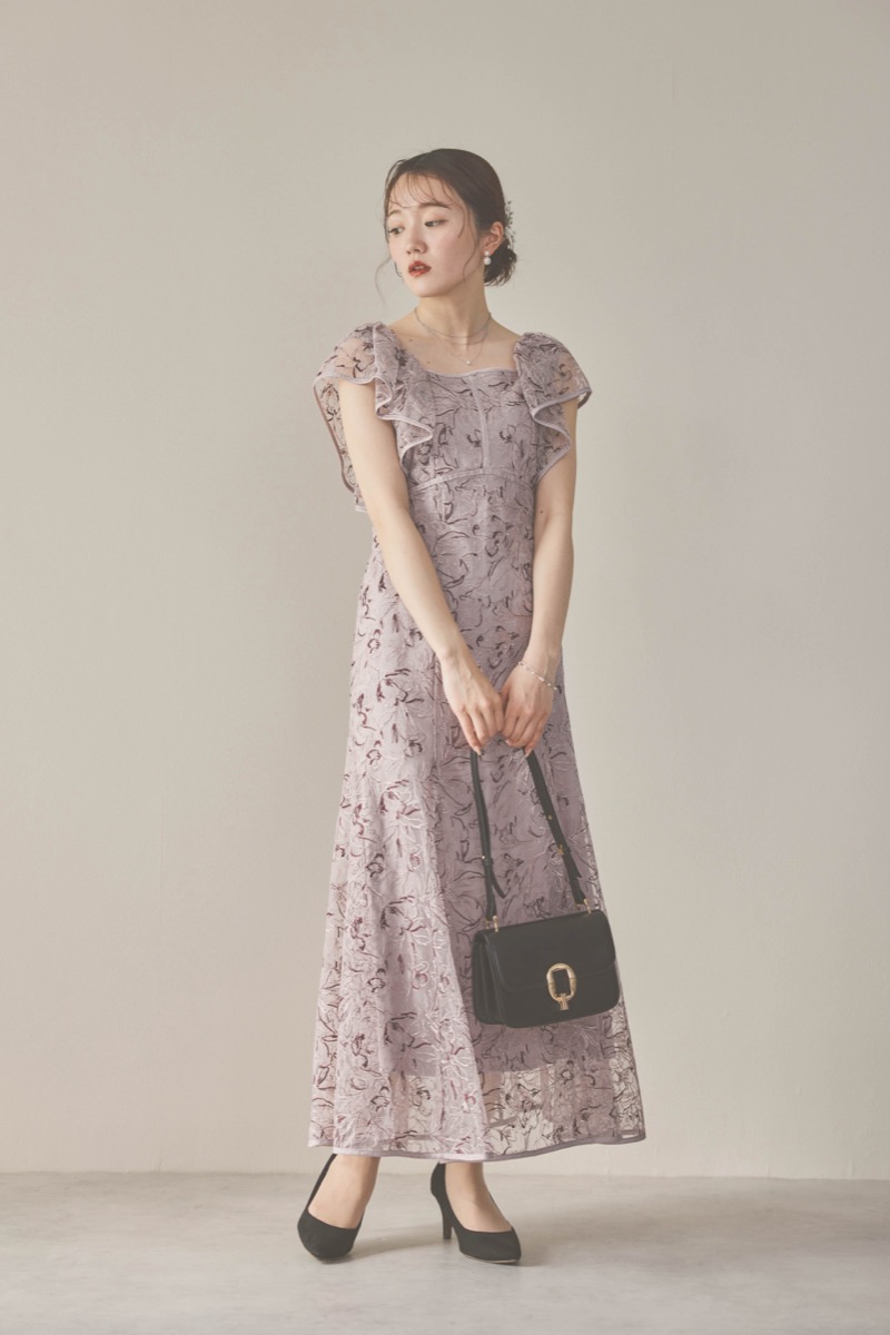 パープルのチュール刺繍マーメイドドレス